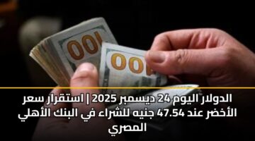 الدولار اليوم 24 ديسمبر 2025 | استقرار سعر الأخضر عند 47.54 جنيه للشراء في البنك الأهلي المصري