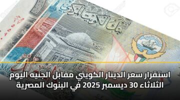 استقرار سعر الدينار الكويتي مقابل الجنيه اليوم الثلاثاء 30 ديسمبر 2025 في البنوك المصرية