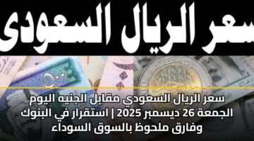 سعر الريال السعودي مقابل الجنيه اليوم الجمعة 26 ديسمبر 2025 | استقرار في البنوك وفارق ملحوظ بالسوق السوداء