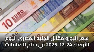 سعر اليورو مقابل الجنيه المصري اليوم الأربعاء 24-12-2025 في ختام التعاملات