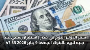سعر الدولار اليوم في مصر | استقرار رسمي عند 47.33 جنيه للبيع بالبنوك الجمعة 9 يناير 2026