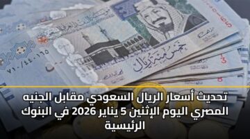 تحديث أسعار الريال السعودي مقابل الجنيه المصري اليوم الإثنين 5 يناير 2026 في البنوك الرئيسية