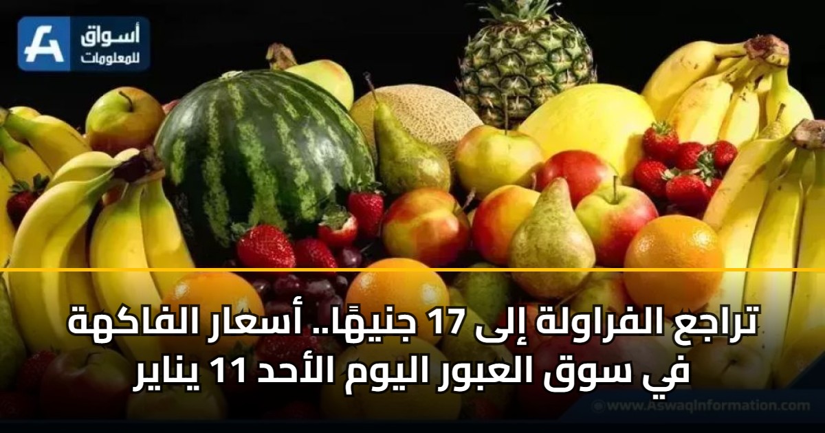 تراجع الفراولة إلى 17 جنيهًا.. أسعار الفاكهة في سوق العبور اليوم الأحد 11 يناير