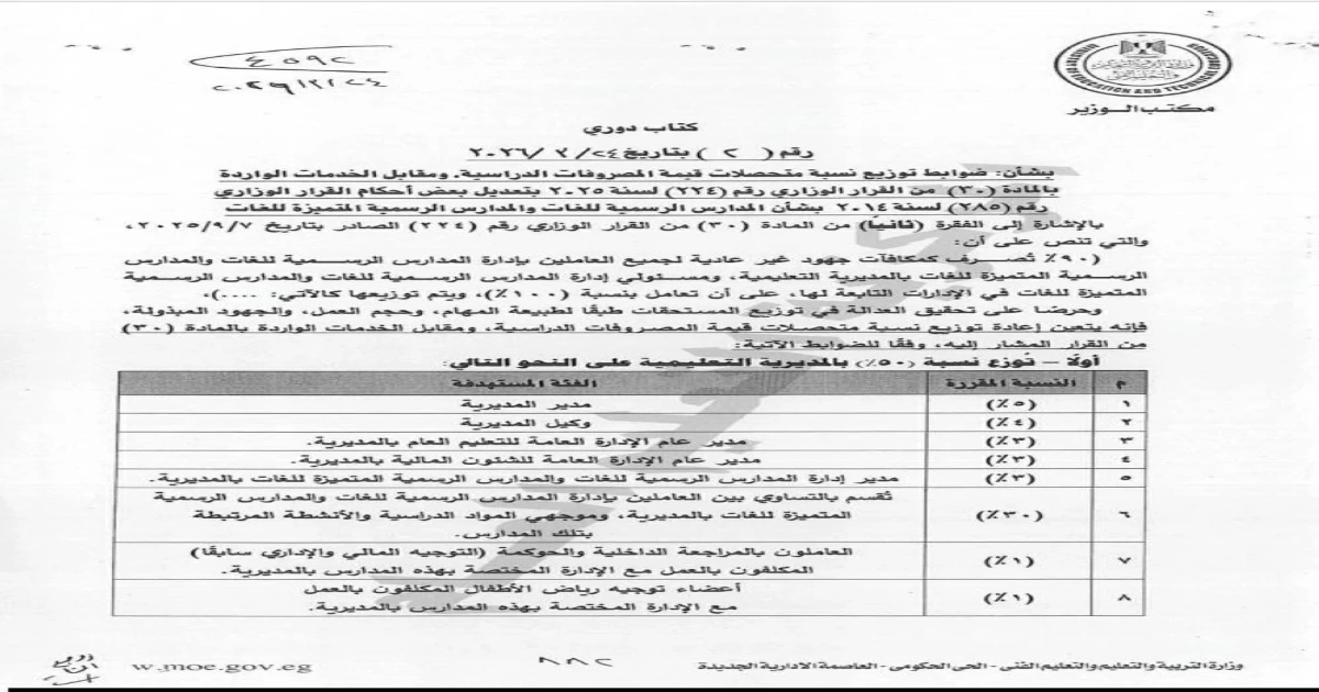 وزارة التربية والتعليم تحدد ضوابط توزيع 90% من متحصلات المصروفات الدراسية للمدارس الرسمية