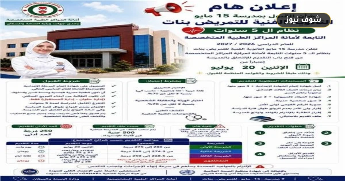 تنسيق تمريض مستشفى 15 مايو 2026.. الشروط والحد الأدنى للقبول